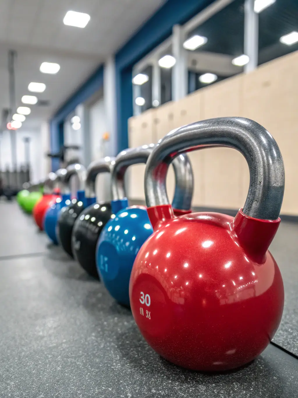 A clear image of a full set of dumbbells neatly arranged on a rack in Brooke Fitness Studio, showcasing the range of weights available for strength training exercises.