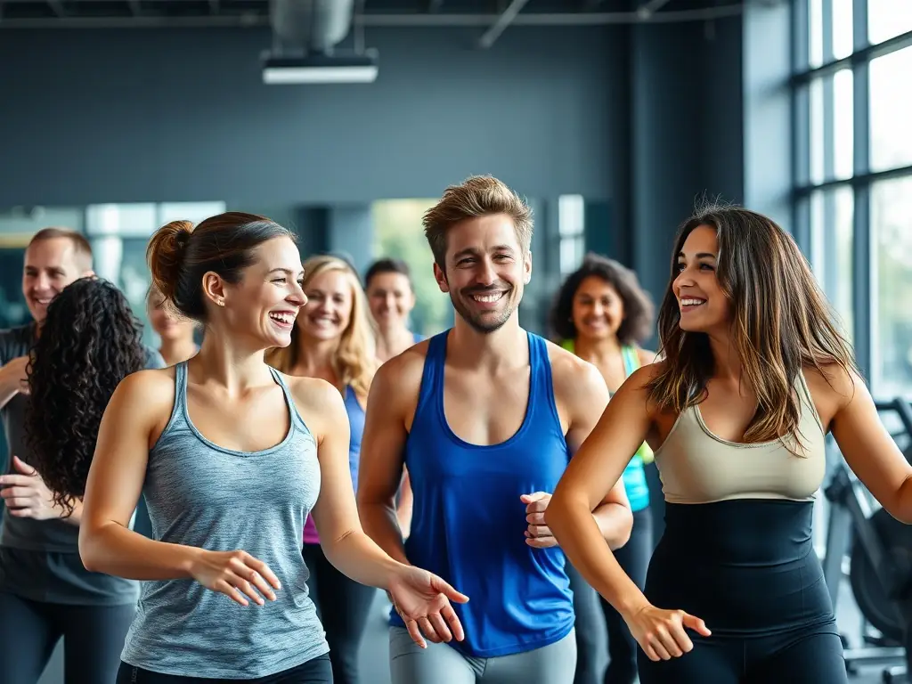 A photograph of a diverse group of people smiling and supporting each other during a group fitness session, showcasing the positive and encouraging community at the studio.