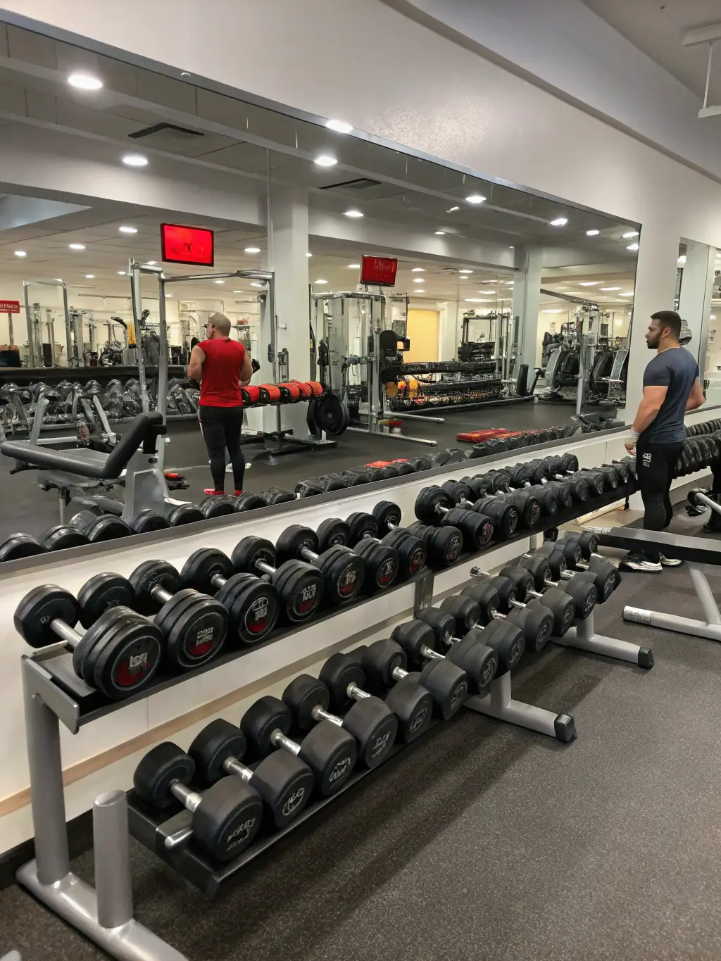 A wide shot of the free weights area in Brooke Fitness Studio, including barbells, weight plates, and benches, emphasizing the space and equipment available for serious strength training.
