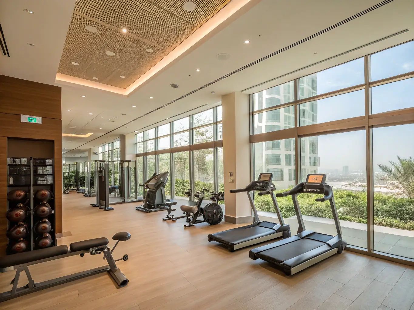 A photograph of a clean, modern, and fully equipped private gym studio with various exercise machines and free weights, emphasizing the exclusivity and privacy of the space. The lighting is bright and inviting.
