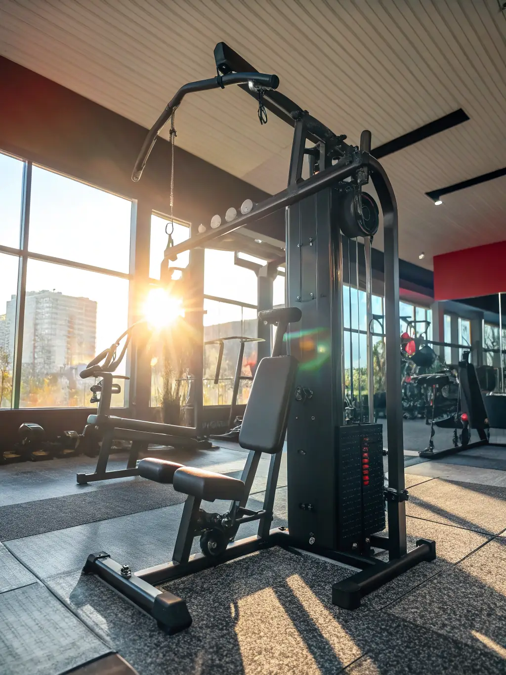 A detailed shot of a multi-functional weight machine in Brooke Fitness Studio, demonstrating its various settings and attachments for a full-body workout.