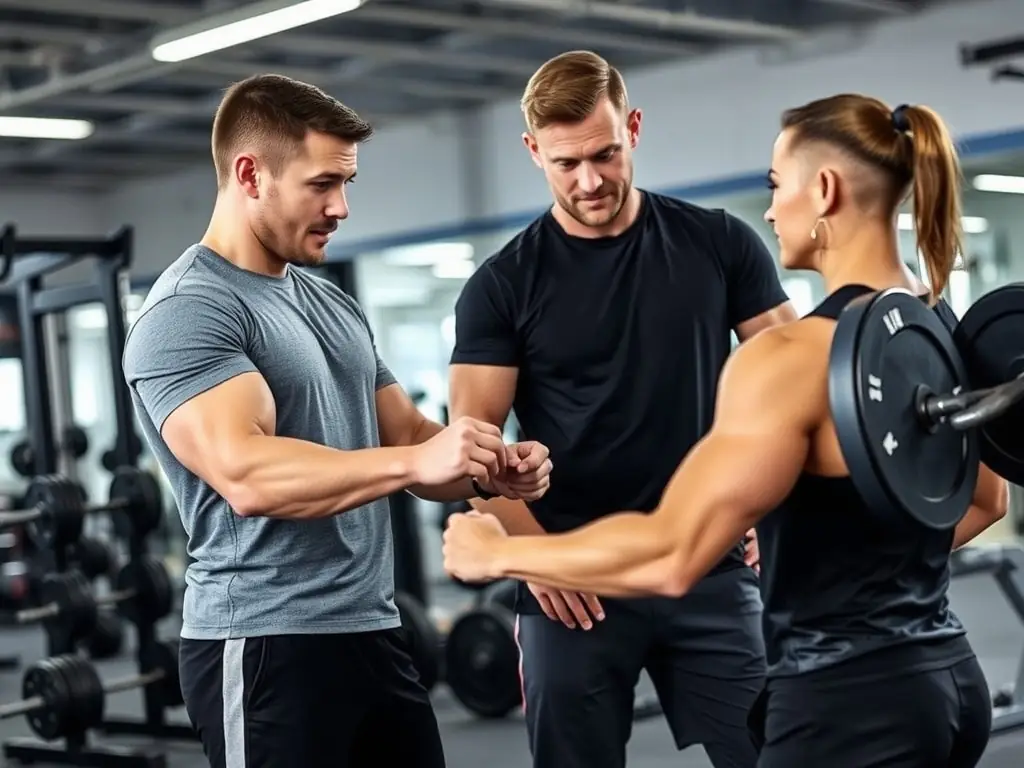 A photograph of a personal trainer working one-on-one with a client in the gym, demonstrating personalized attention and guidance. The trainer is demonstrating proper form and technique.